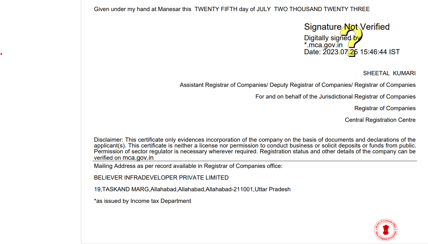 Certificate Of Incorporation